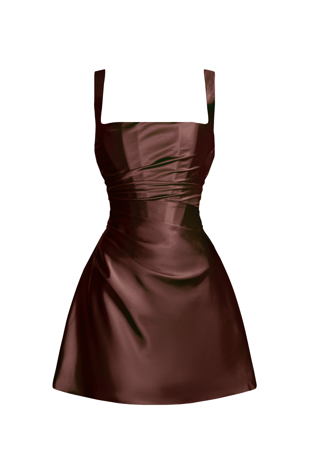 Vestido satinado marrón oscuro con tirantes finos, cuerpo fruncido y falda corta