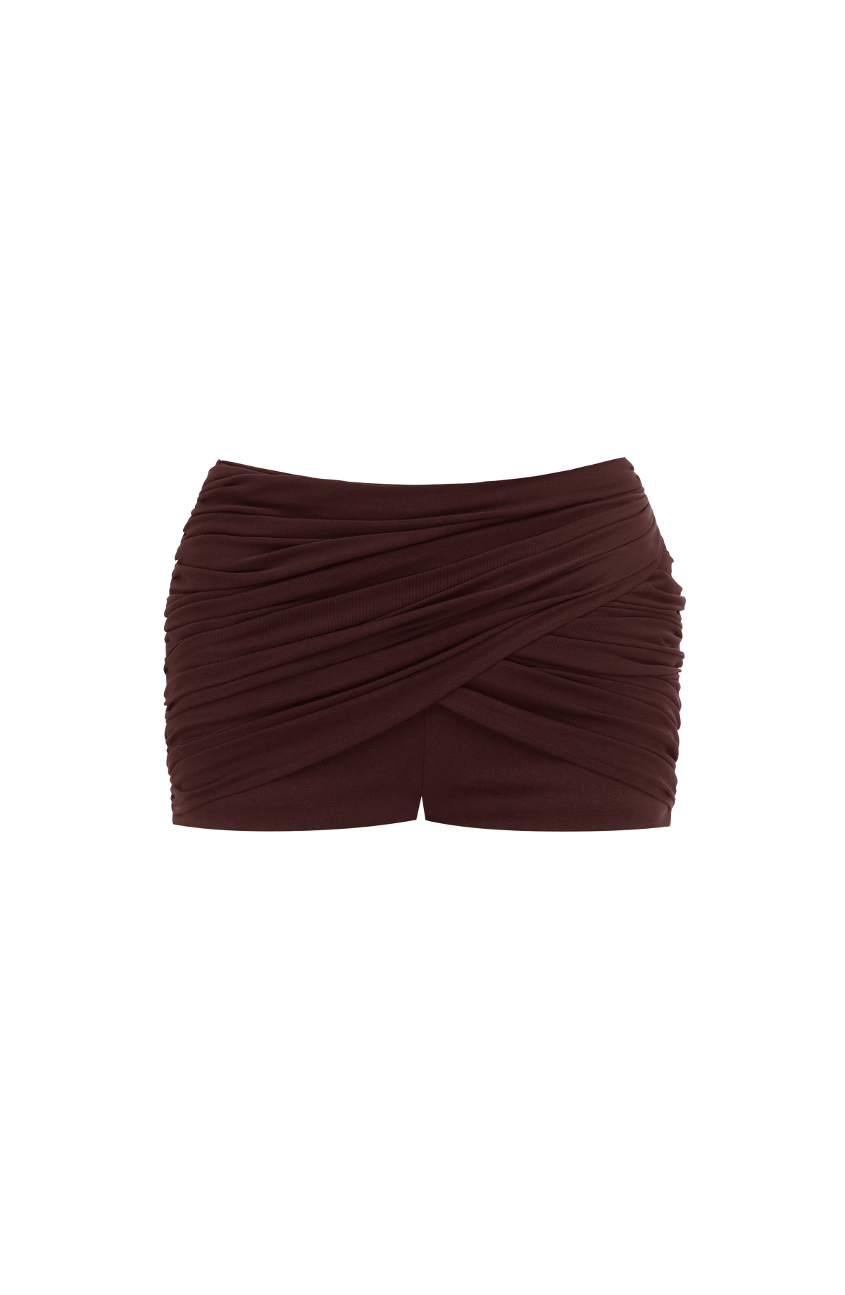 Pantalón corto drapeado marrón ciruela, diseño con frunces en la cintura.