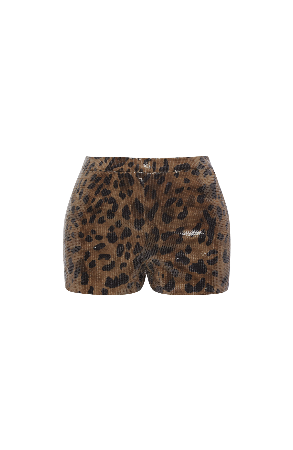 Pantalón corto de lentejuelas con estampado leopardo, vista frontal.