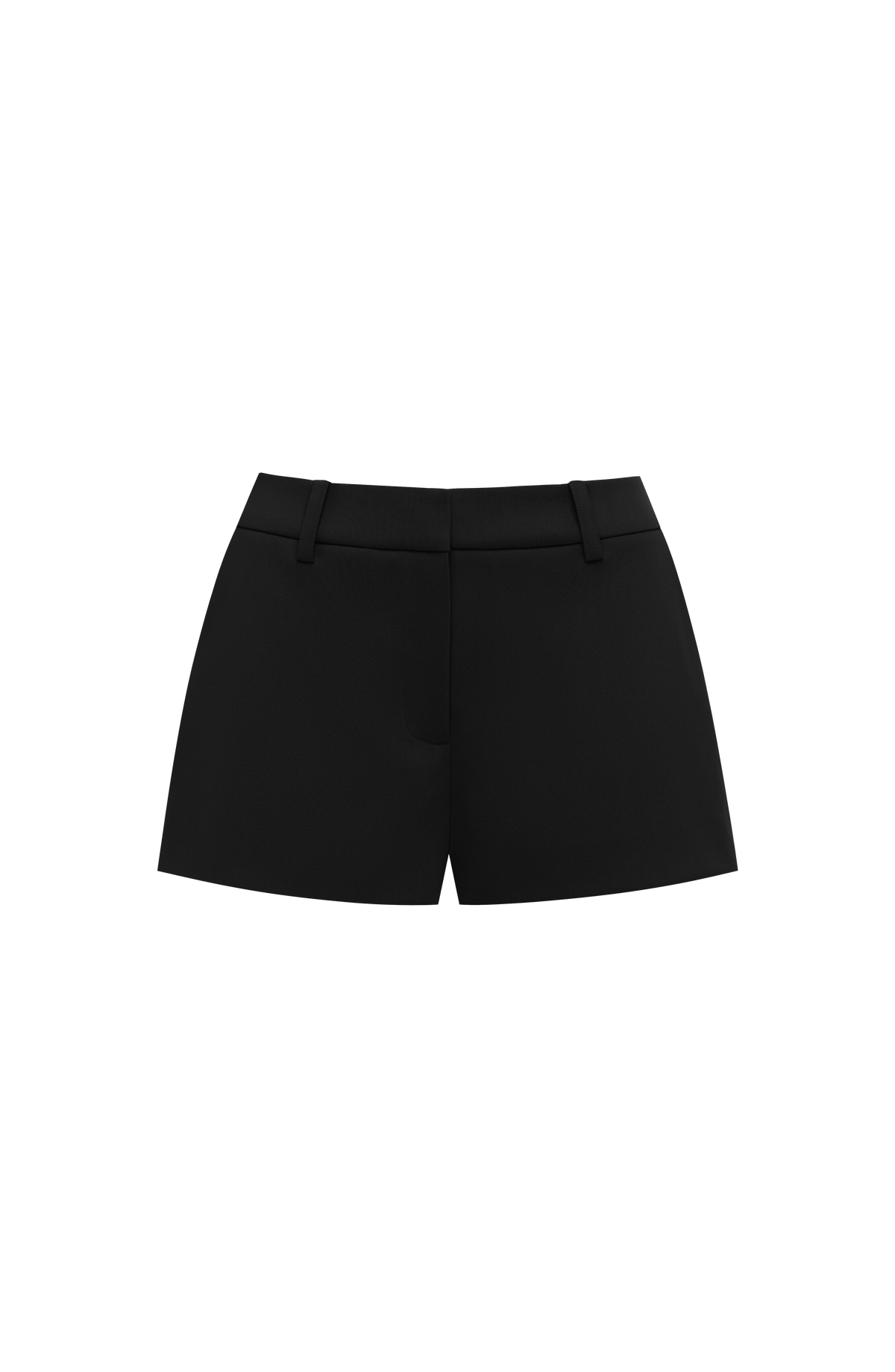 Pantalón corto negro sastre con cintura alta y trabillas, dobladillo limpio