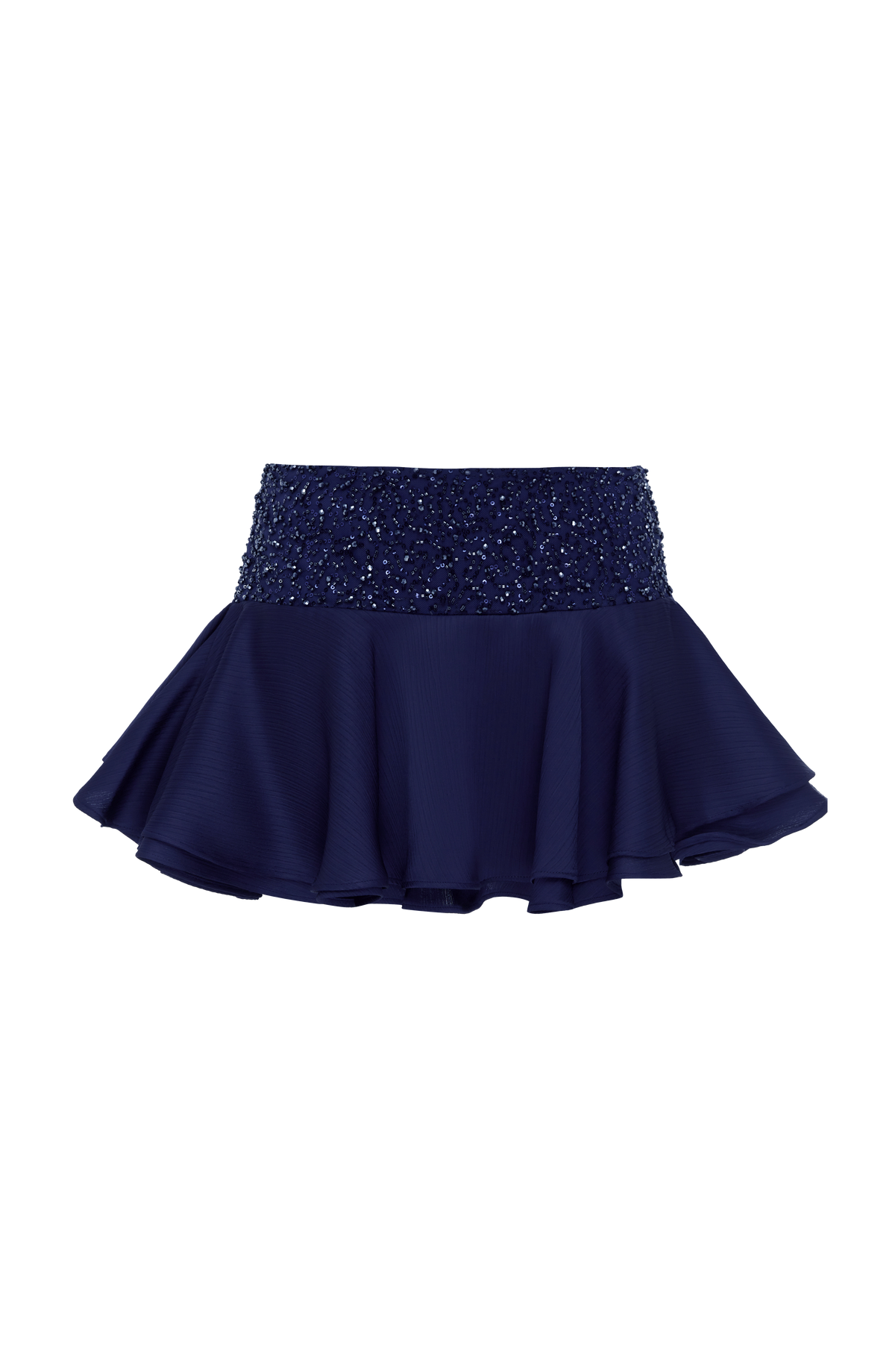 Falda pantalón azul marino con cintura de lentejuelas y falda de volantes