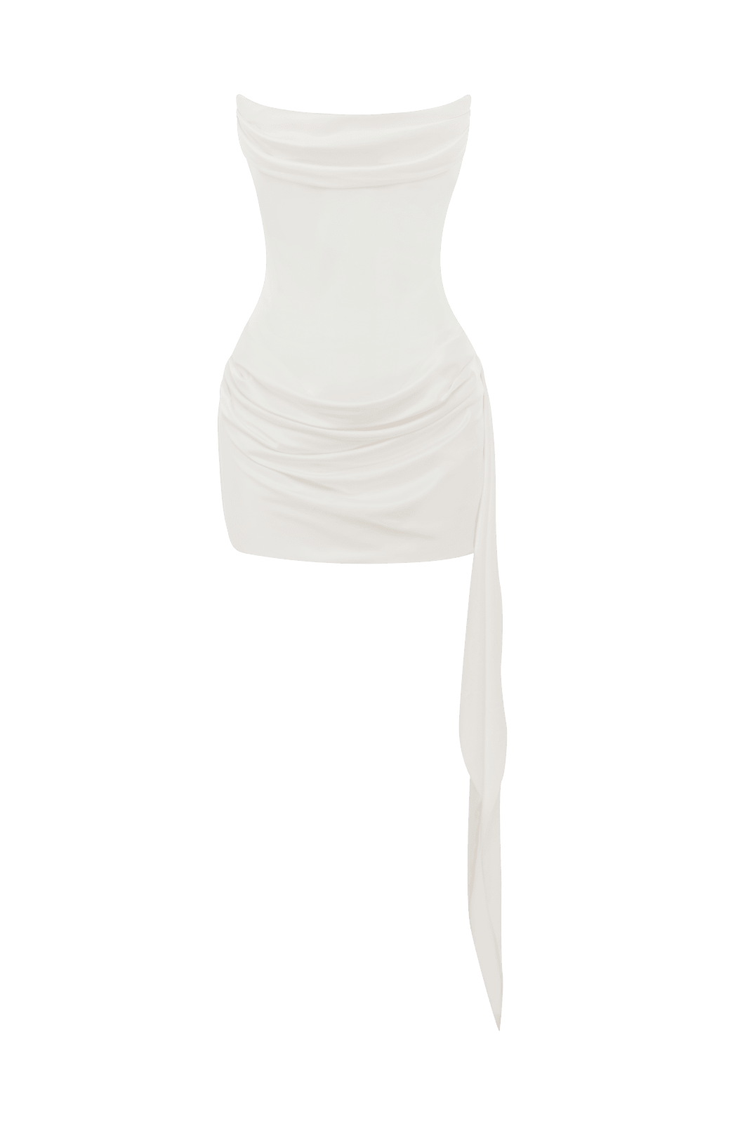 Vestido NOA blanco de corte corto con drapeado frontal y cola larga lateral suelta