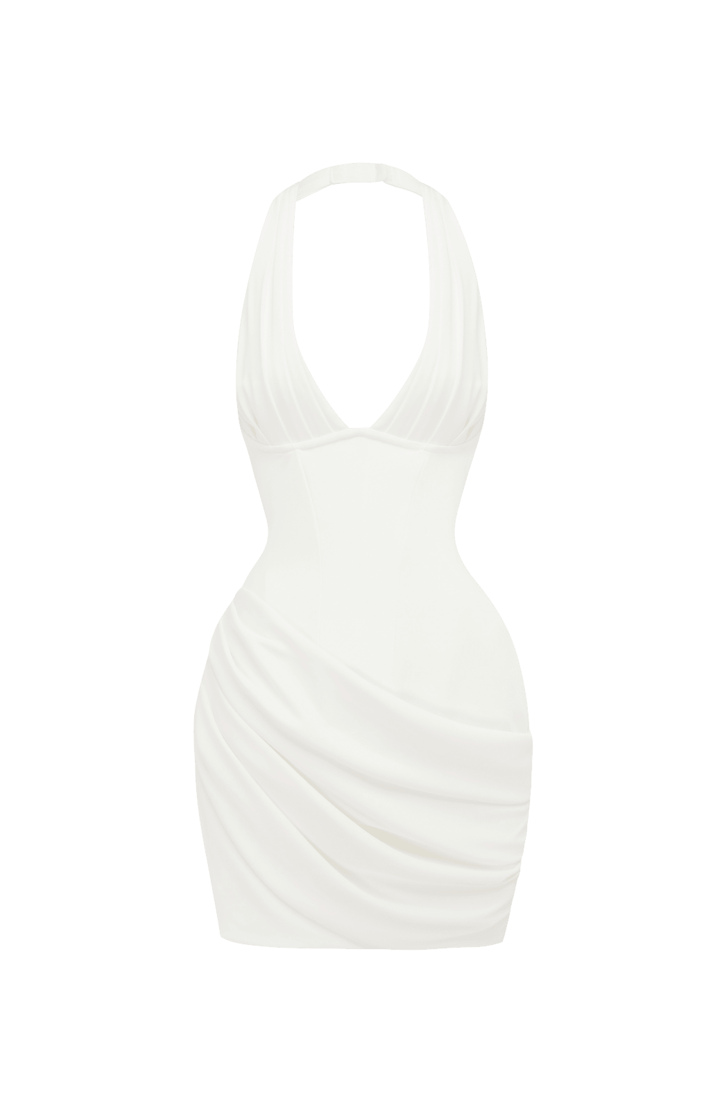 Vestido blanco halter sin mangas con escote en pico y drapeado en la falda