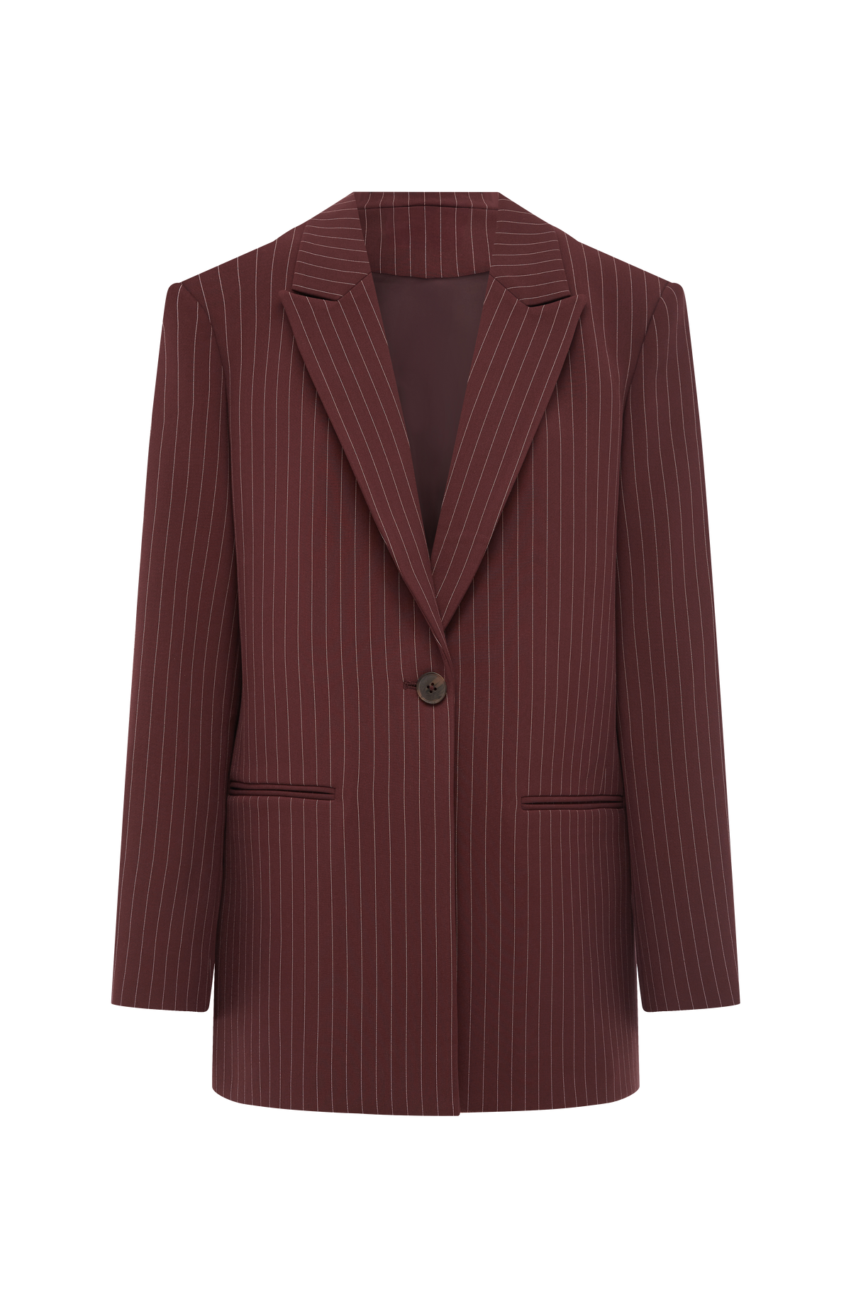 Blazer burdeos de raya diplomática con botón frontal y bolsillos ribeteados