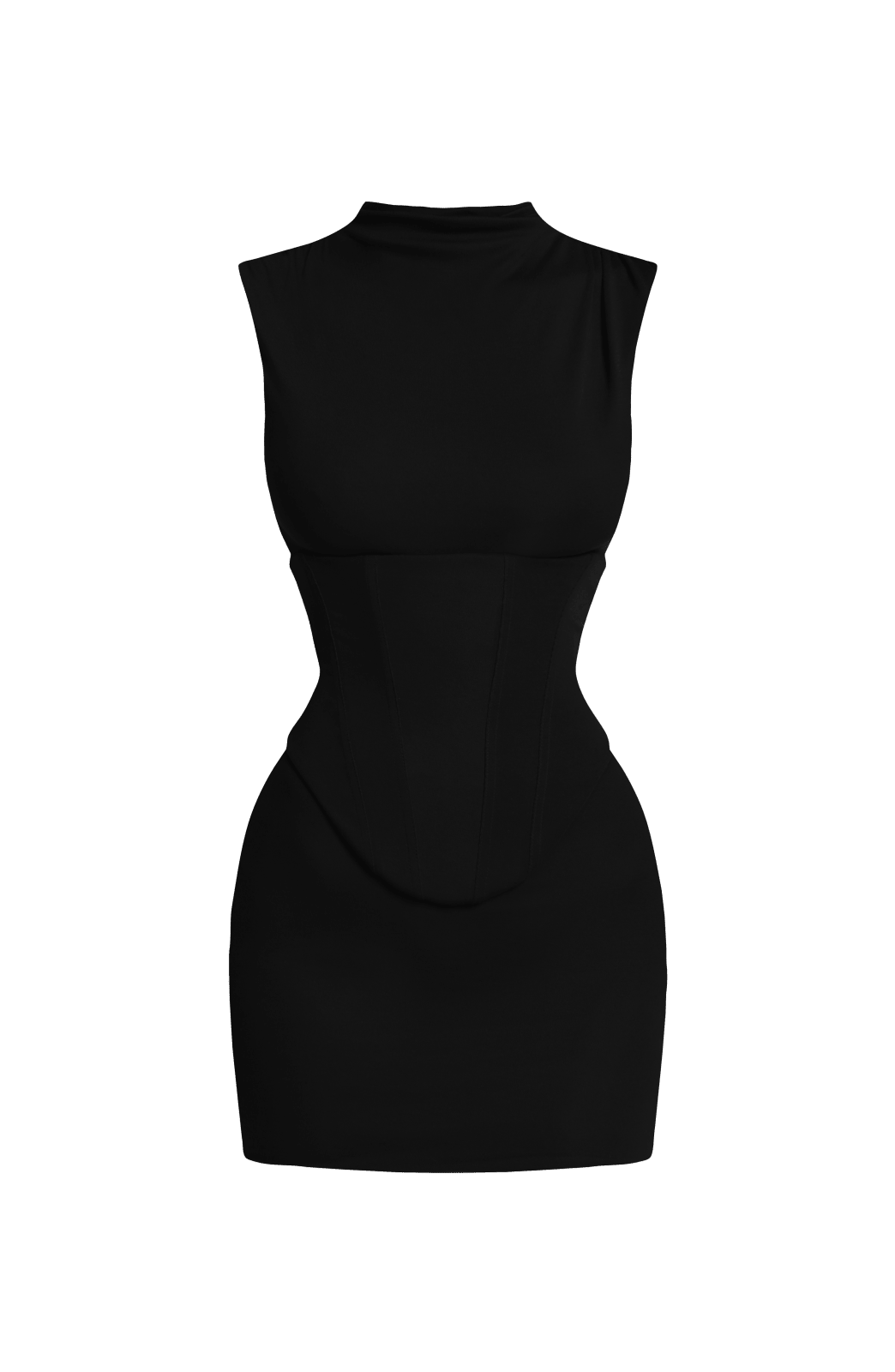 Vestido negro sin mangas y cuello alto, silueta entallada con panel en la cintura