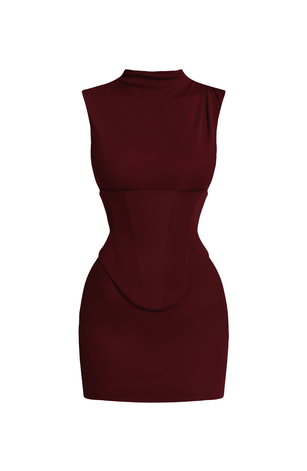 Vestido sin mangas burdeos con cuello alto y costuras entalladas estilo mini