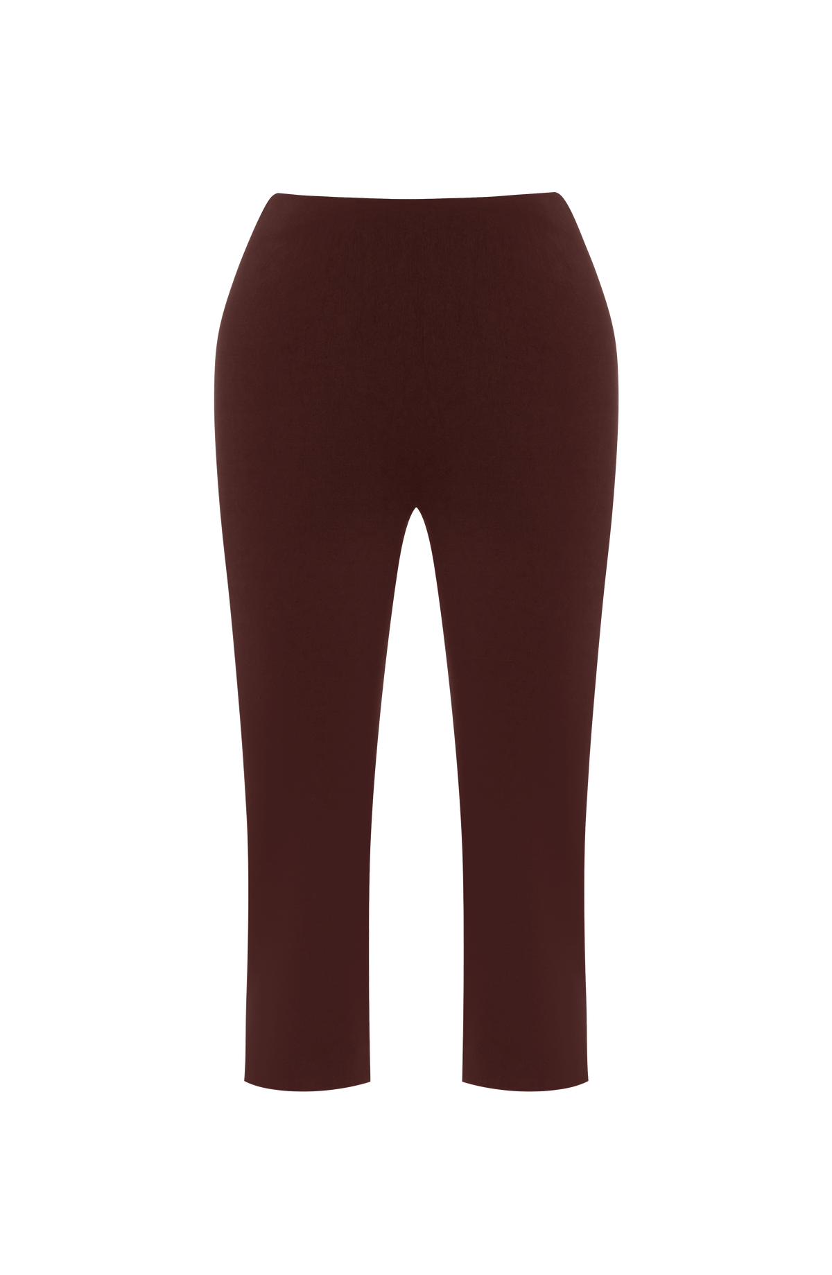 Pantalón capri marrón ciruela, diseño liso, tiro medio y largo 3/4 en vista frontal.