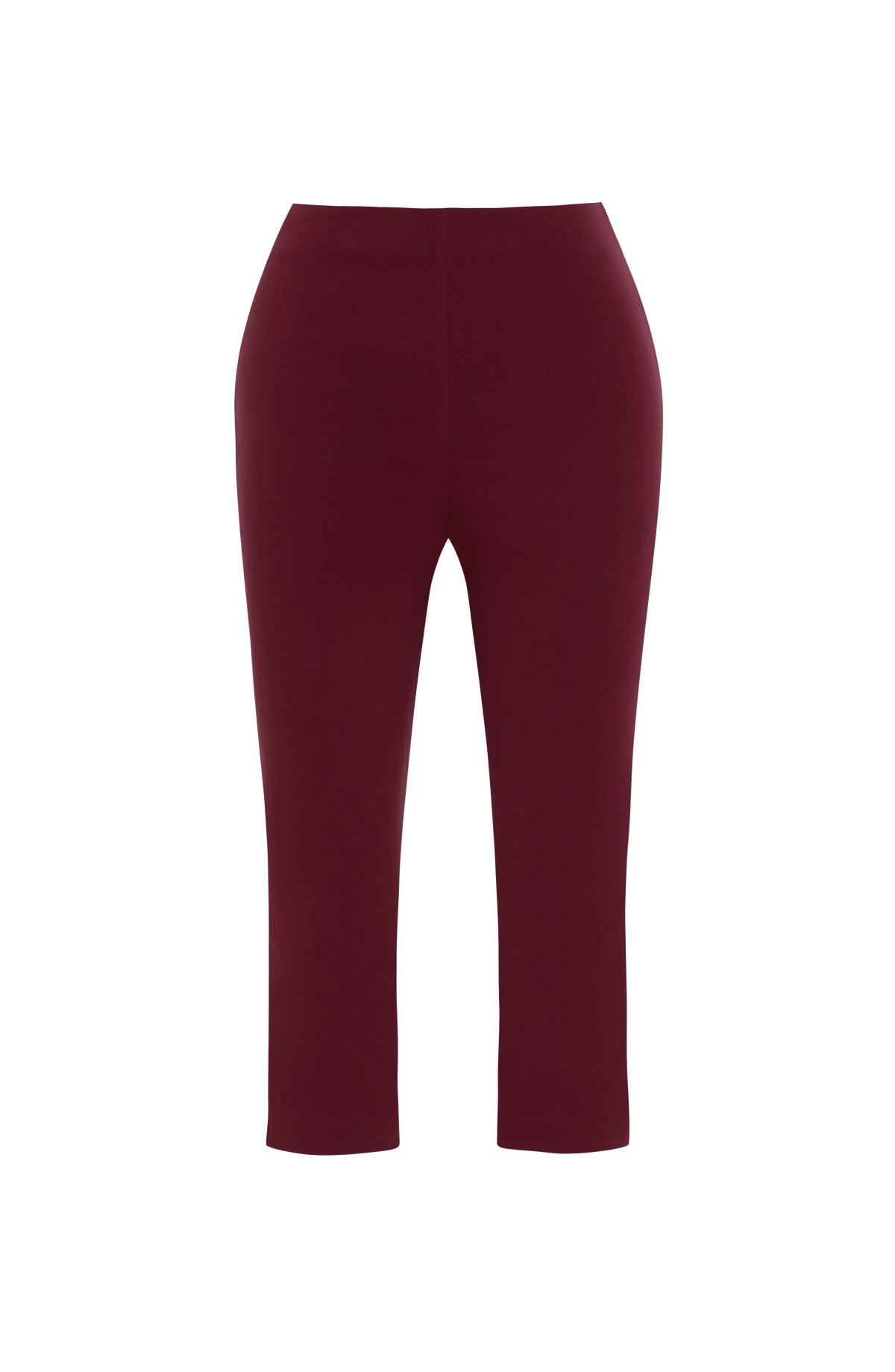 Pantalón capri rojo oscuro de pierna recta con pretina alta y dobladillo en la rodilla