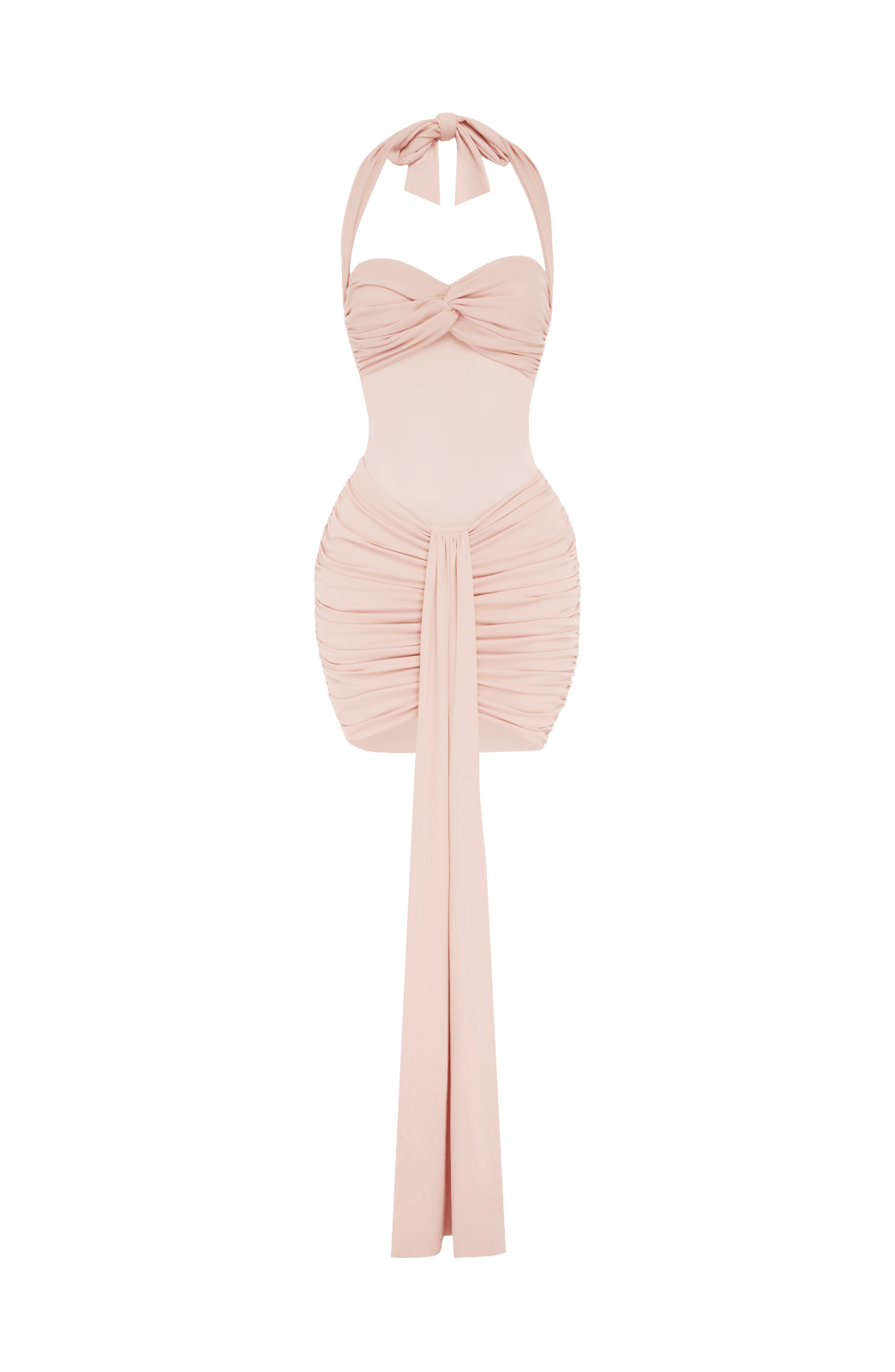 Vestido VIVIANA rosa claro con lazo halter, frunces y abertura