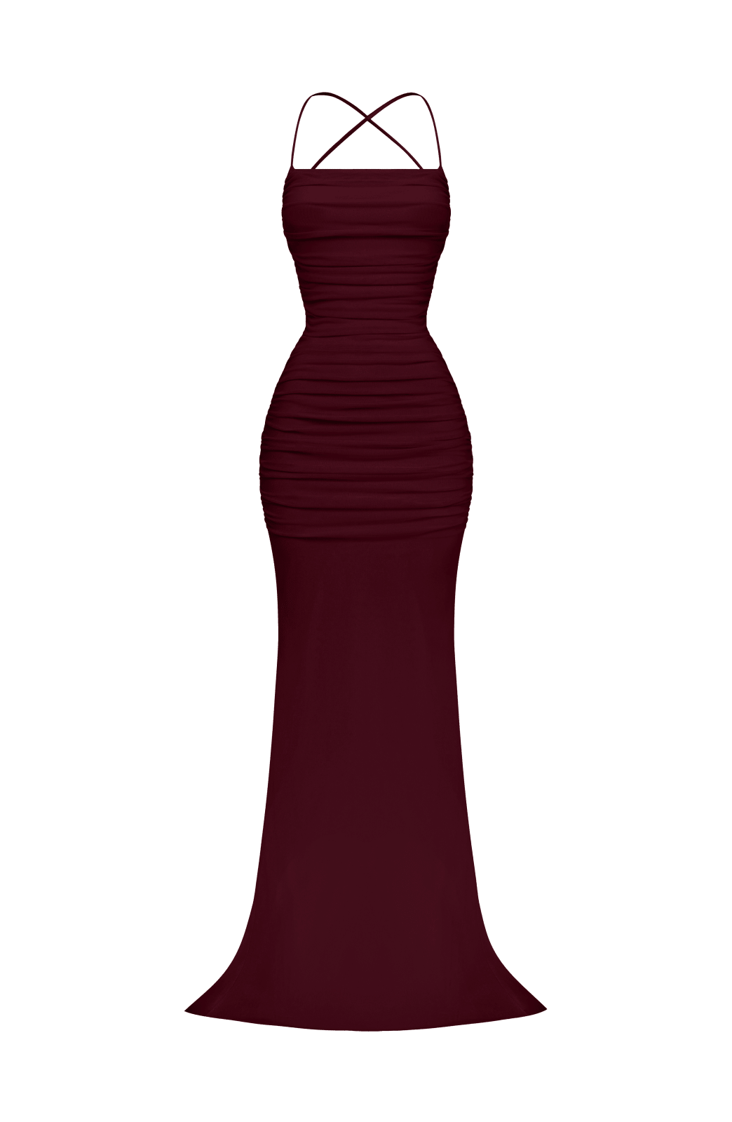 Vestido sirena burdeos sin modelo, espalda con tirantes cruzados y lazo superior