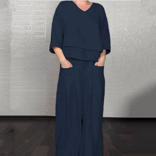 Laura - Conjunto de dos piezas de algodón y lino con dobladillo