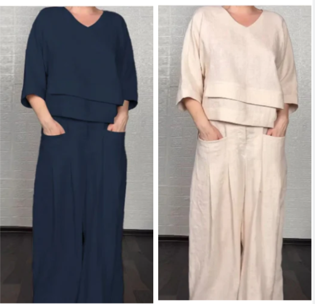 Laura - Conjunto de dos piezas de algodón y lino con dobladillo