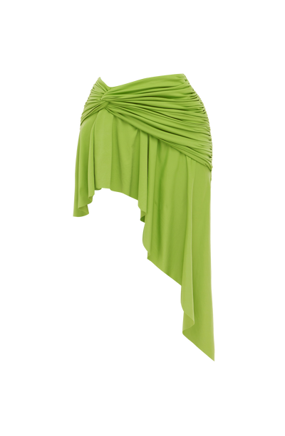 Minifalda verde oliva drapeada con frunce en la cintura y caída asimétrica.
