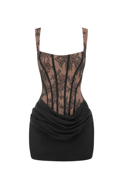 Vestido CORNELIA: bustier de encaje transparente y falda drapeada negra