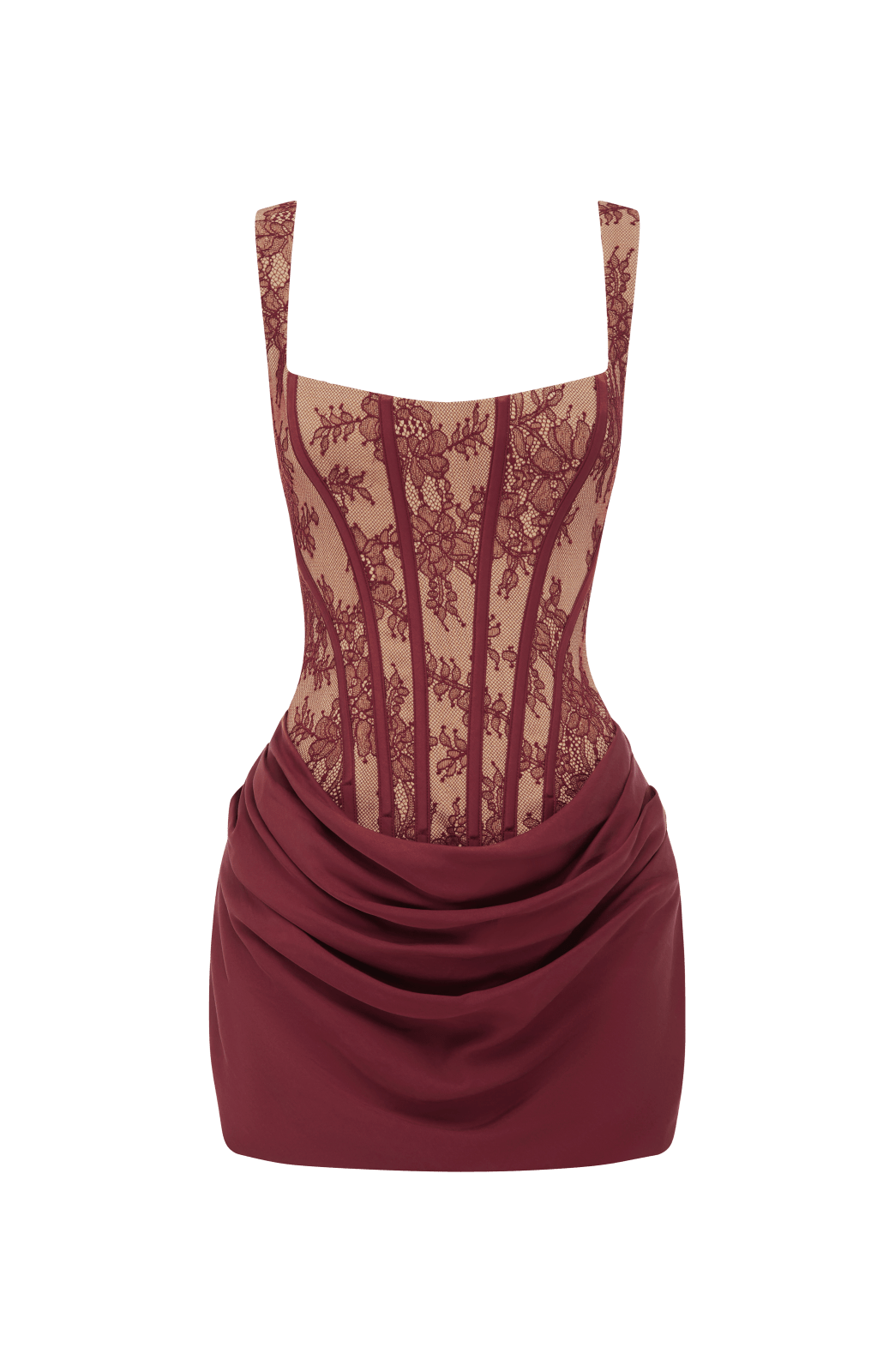 Vestido CORNELIA mini: corsé de encaje granate y falda drapeada con escote cuadrado