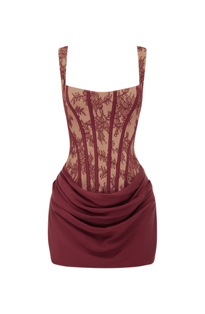 Vestido CORNELIA mini: corsé de encaje granate y falda drapeada con escote cuadrado