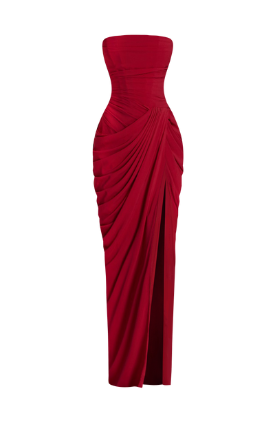 Vestido LARA sin tirantes rojo con drapeado cruzado y abertura lateral