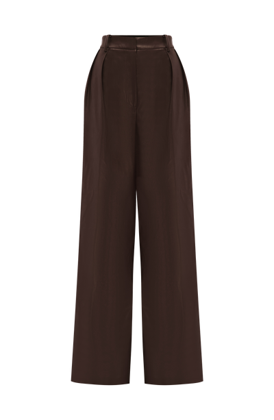 Pantalón de mujer marrón ciruela, pierna recta y cintura con presillas