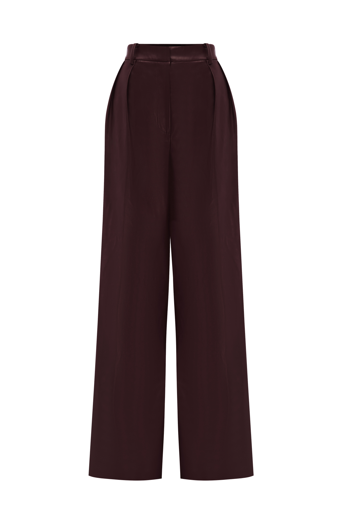 Pantalón ciruela oscuro satinado, talle alto y pierna ancha con pinza central
