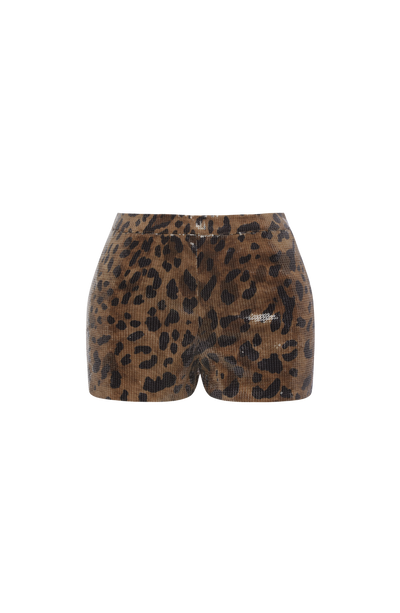 Pantalón corto de lentejuelas con estampado leopardo, vista frontal.