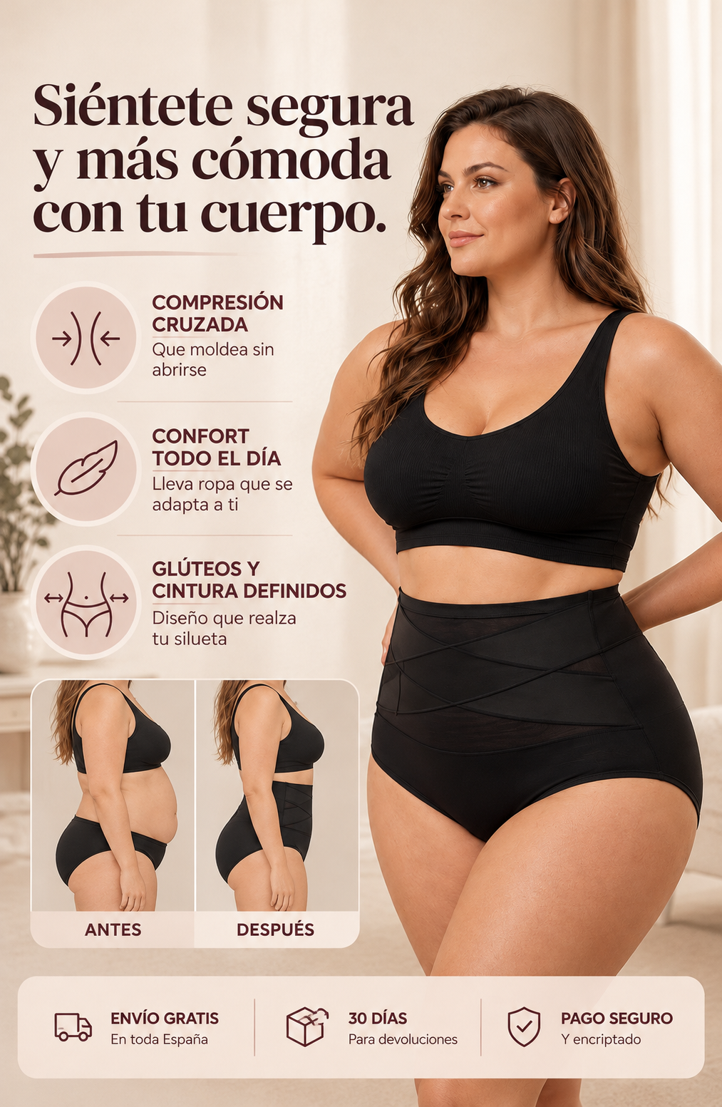 Braguita moldeadora negra de talle alto con compresión en la cintura, vista lateral.