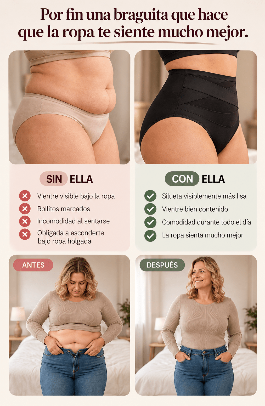Braguita moldeadora beige y negra: vista de cadera con efecto antes y después.