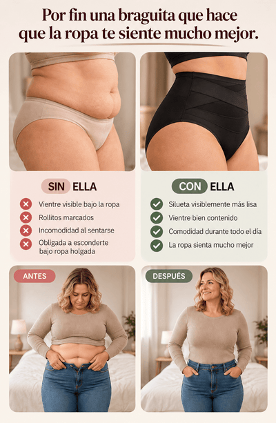 Braguita moldeadora beige y negra: vista de cadera con efecto antes y después.