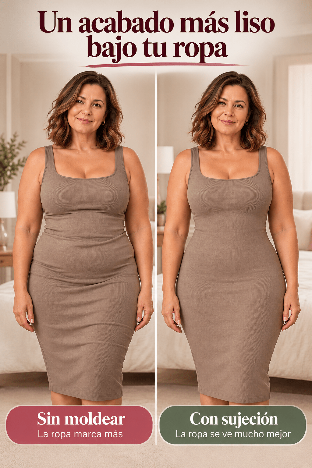 Braguita moldeadora bajo vestido: acabado liso en la cintura, vista de cuerpo entero.