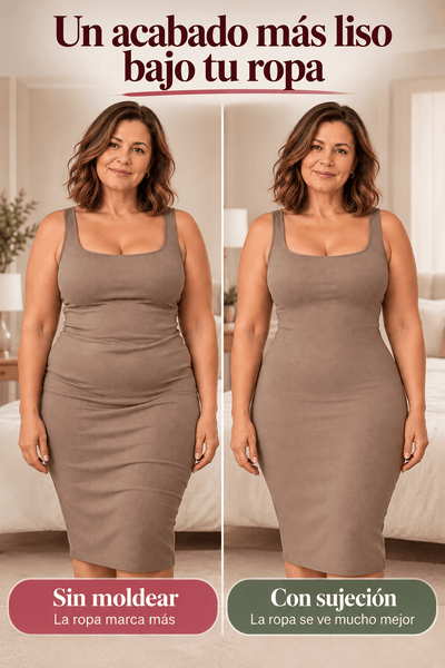 Braguita moldeadora bajo vestido: acabado liso en la cintura, vista de cuerpo entero.