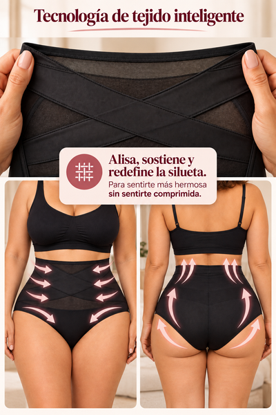 Braguita moldeadora negra con tejido cruzado y costuras planas, vista de cintura.