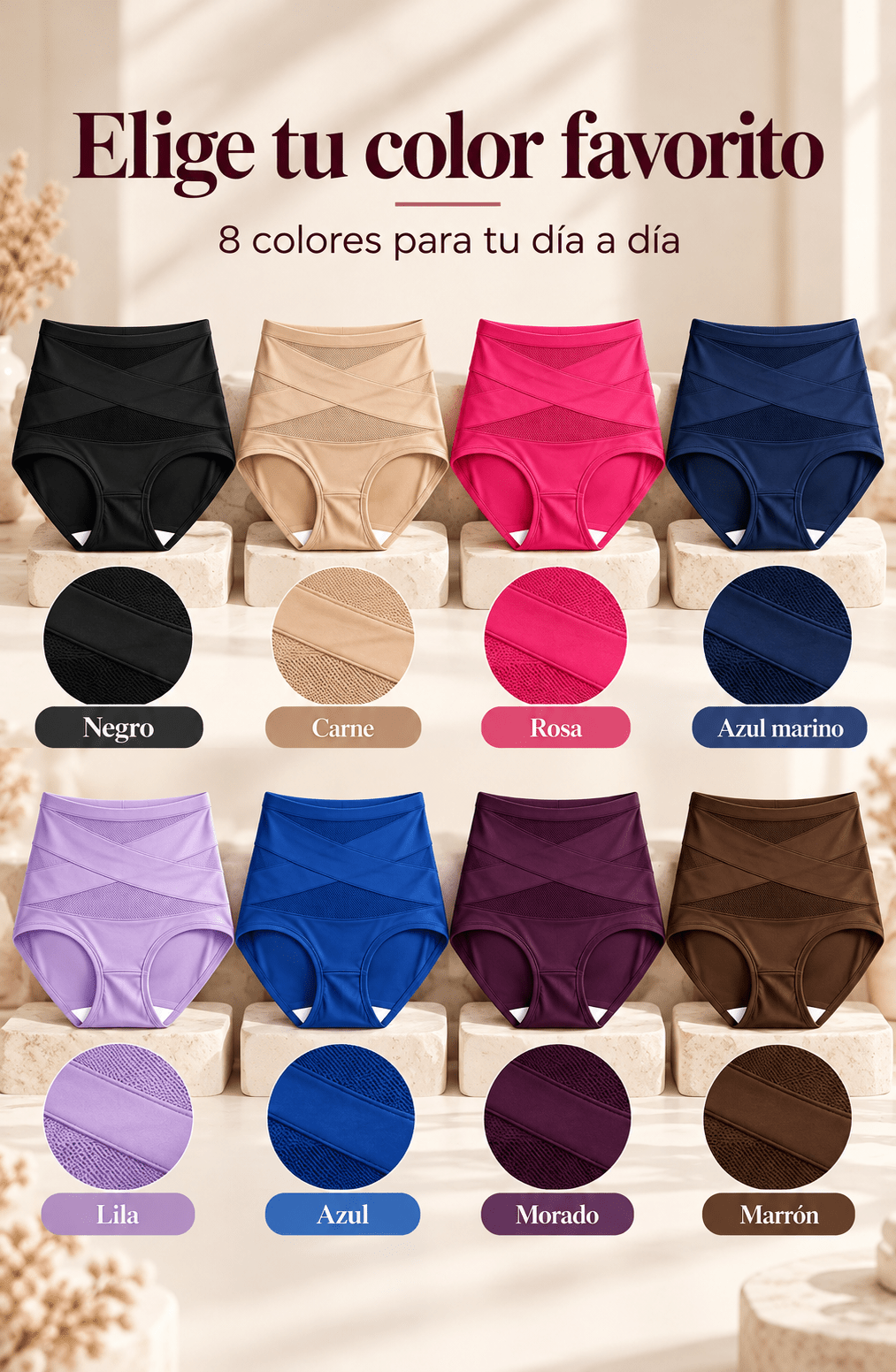 Braguita moldeadora en varios colores: negro, carne, rosa, azul marino, lila y más.