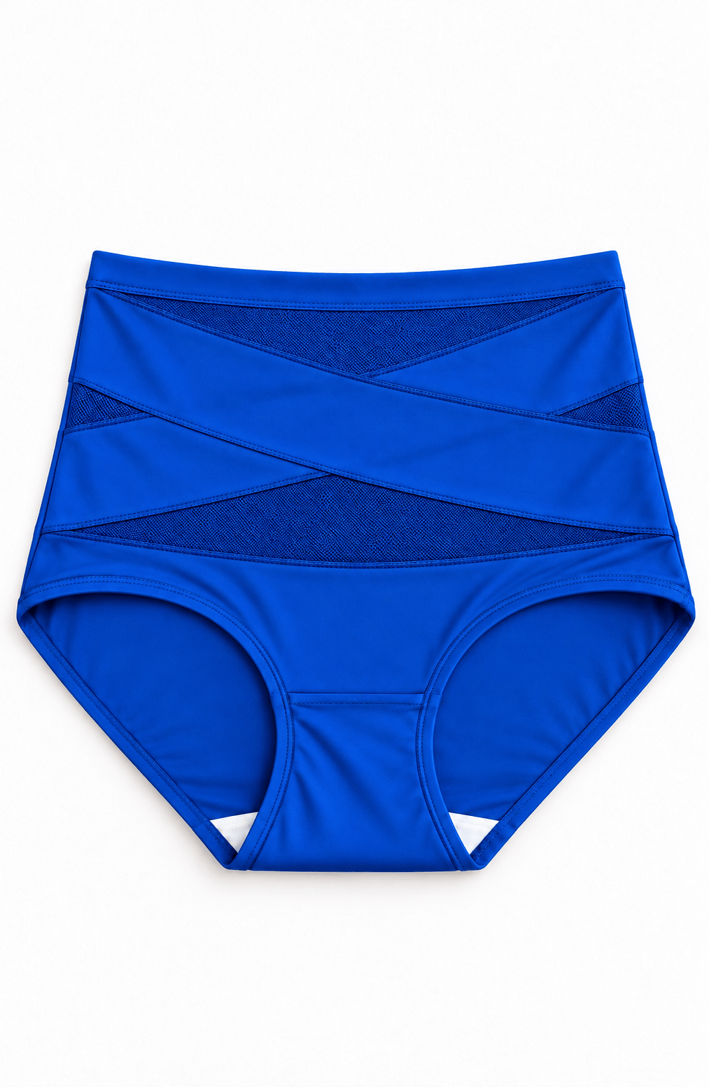 Braguita moldeadora de cintura alta en azul, con panel cruzado y refuerzo interno.