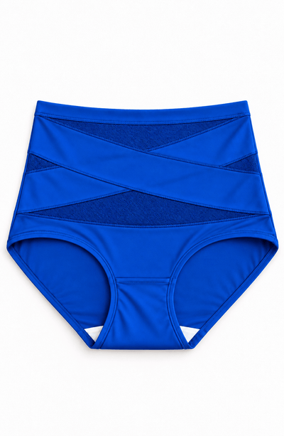 Braguita moldeadora de cintura alta en azul, con panel cruzado y refuerzo interno.