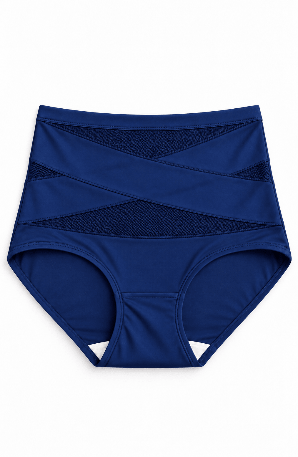 Braguita moldeadora de cintura alta en azul marino, con panel cruzado y elástico suave.