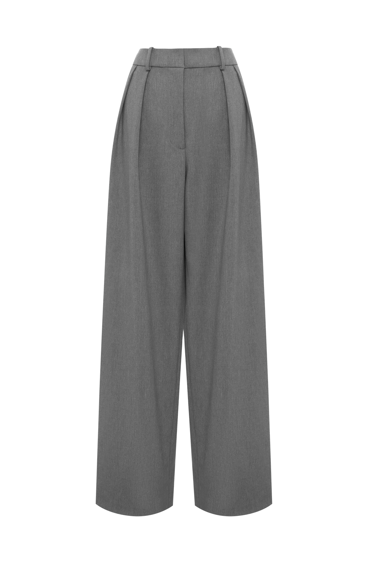 Pantalón gris jaspeado aislado, tiro alto, pierna recta ancha con pinzas y costura central