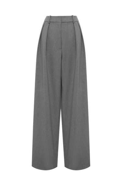 Pantalón gris jaspeado aislado, tiro alto, pierna recta ancha con pinzas y costura central