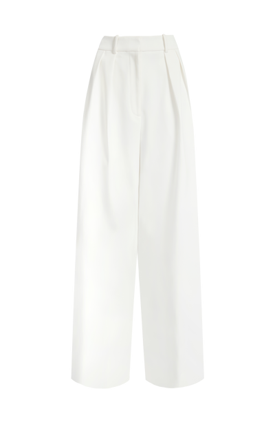 Pantalón marfil de pierna ancha con cintura alta y pliegues frontales
