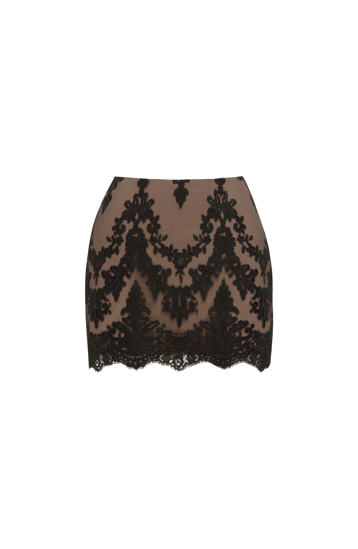 Minifalda negra de encaje floral en plano, dobladillo con puntilla