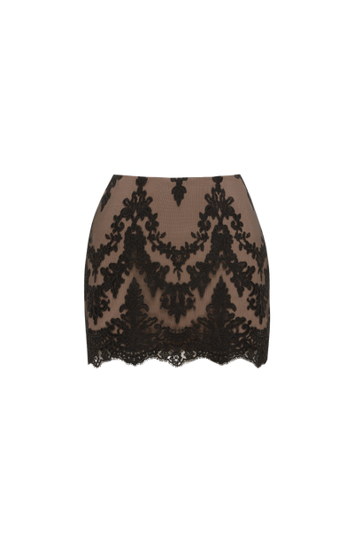 Minifalda negra de encaje floral en plano, dobladillo con puntilla