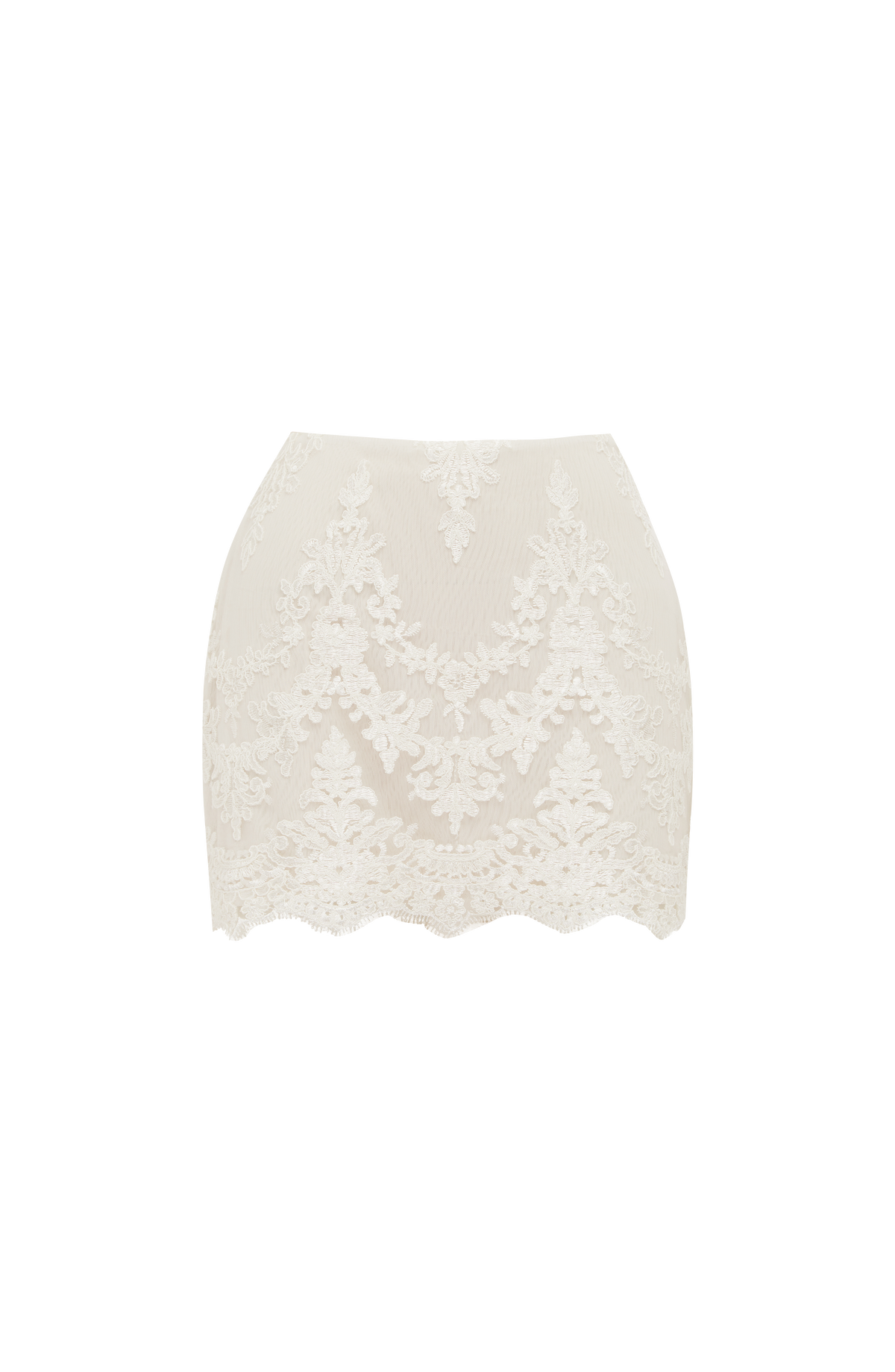 Minifalda de encaje marfil con motivos florales y bajo festoneado