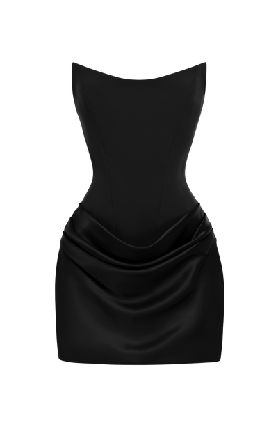 Vestido negro palabra de honor con falda drapeada y silueta entallada