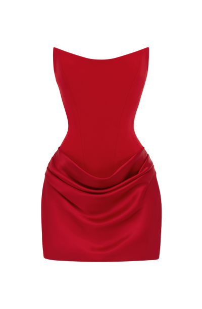 Vestido rojo corto con escote en pico y drapeado tipo cola en la falda