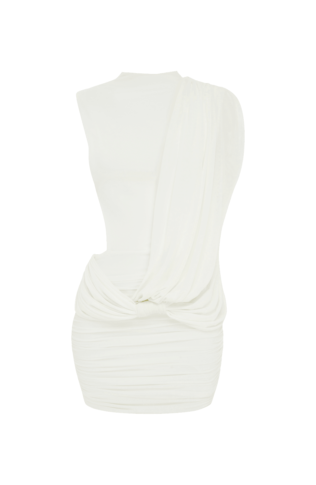 Vestido blanco sin mangas con drapeado cruzado y frunces en la parte baja.