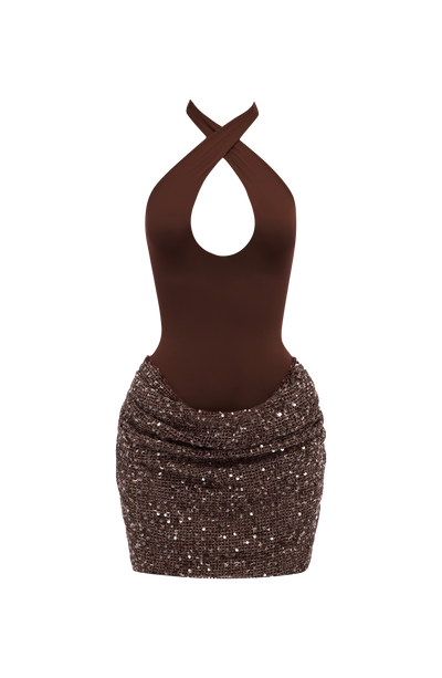 Vestido corto burdeos con escote halter tipo sujeción y falda corta de lentejuelas