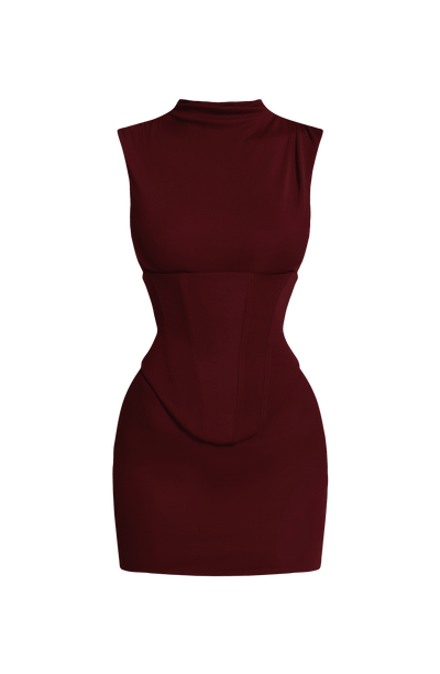Vestido sin mangas burdeos con cuello alto y costuras entalladas estilo mini