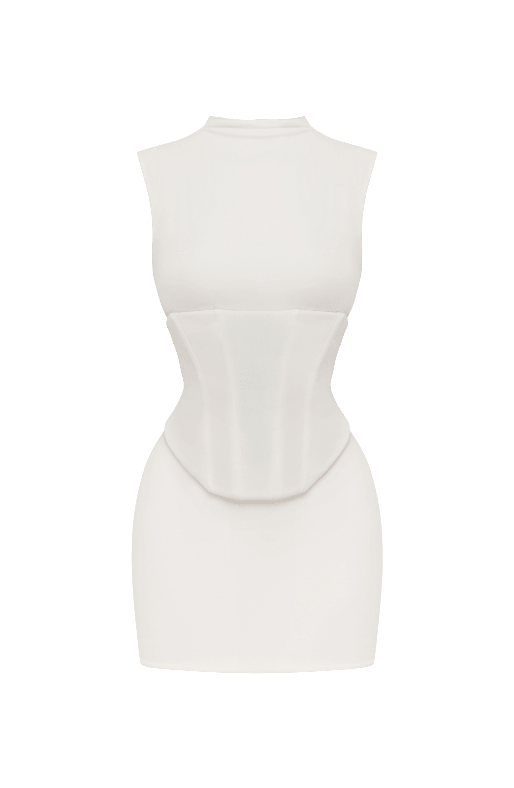 Vestido blanco sin mangas, cuello alto, corte ajustado con costuras en la cintura