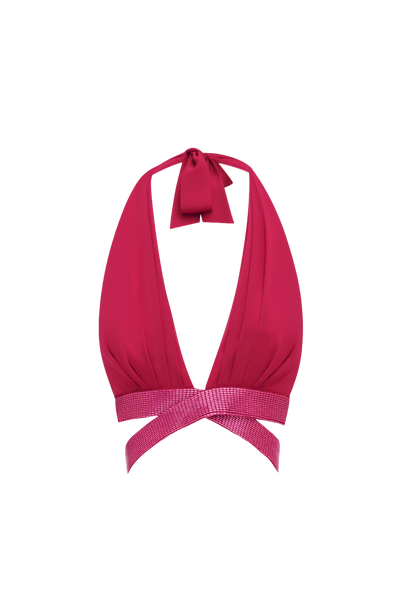 Bralette frambuesa tipo halter con dobladillo drapeado y banda elástica metalizada