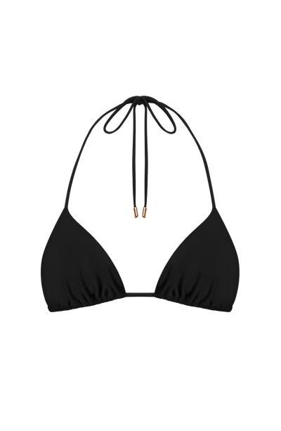 Top de bikini triangular negro con tirantes y cierre ajustable al cuello