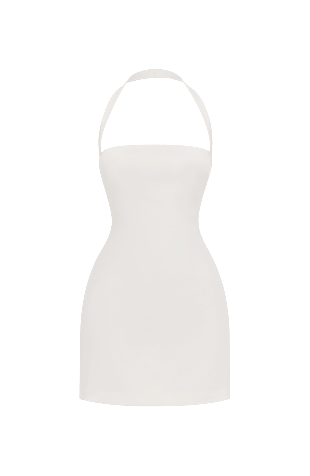 Vestido blanco corto sin mangas, silueta entallada y escote halter