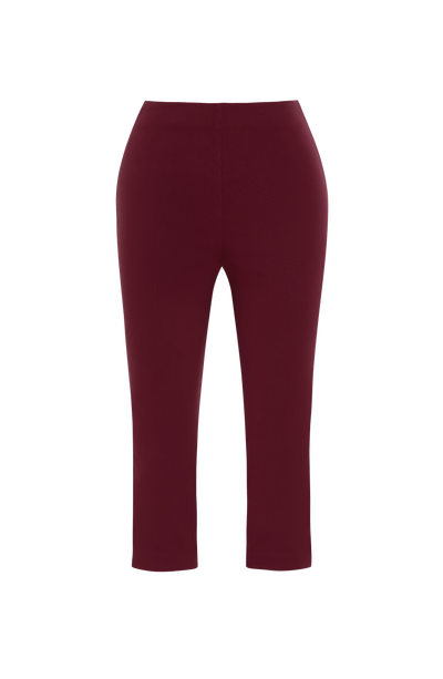 Pantalón capri rojo oscuro de pierna recta con pretina alta y dobladillo en la rodilla